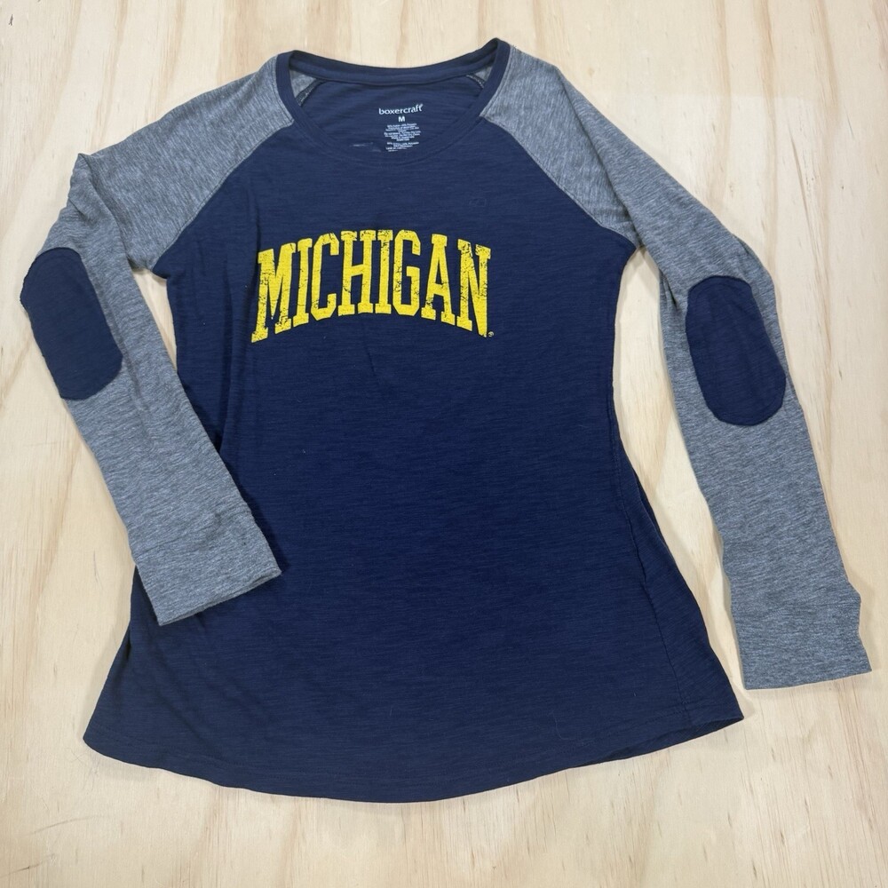 Boxercraft Michigan Wolverines Raglan Long Sleeve Shirt Navy Yellow Woman’s Med